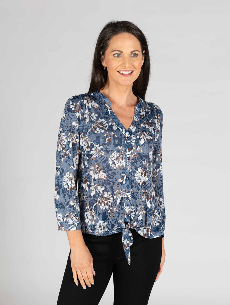 Flower Burn Out Tie Front Blouse-Tops-Paco