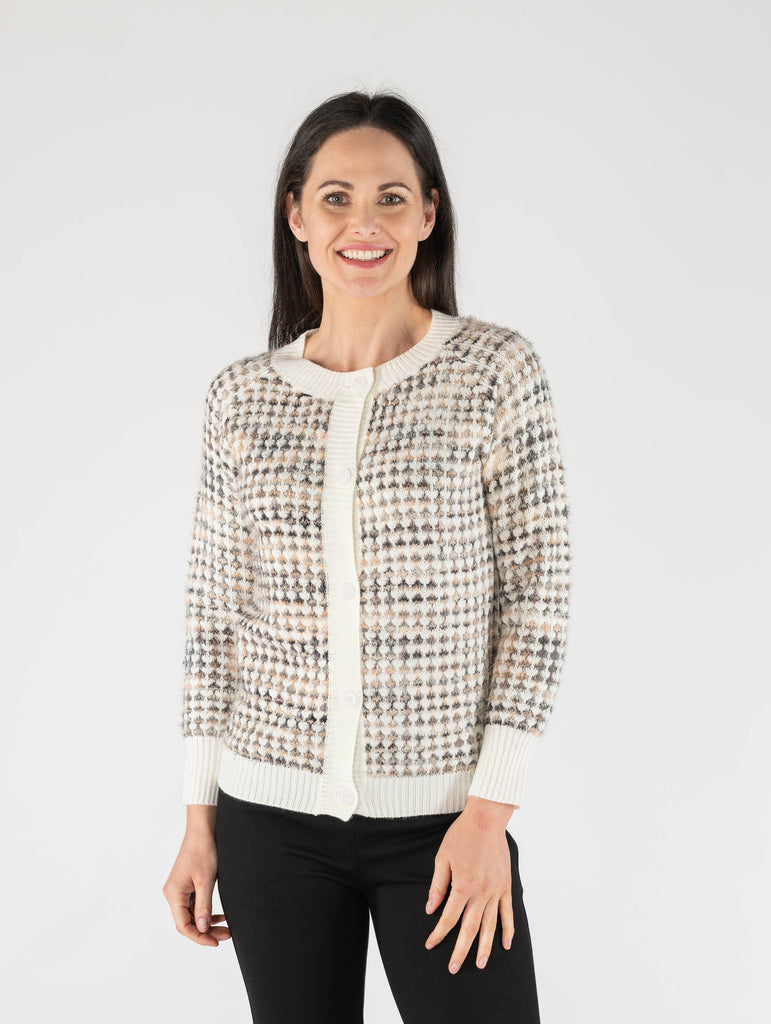 Fluffy Chechered Cardigan With Front But IVORY MULTI CA29949-Knitwear-Paco