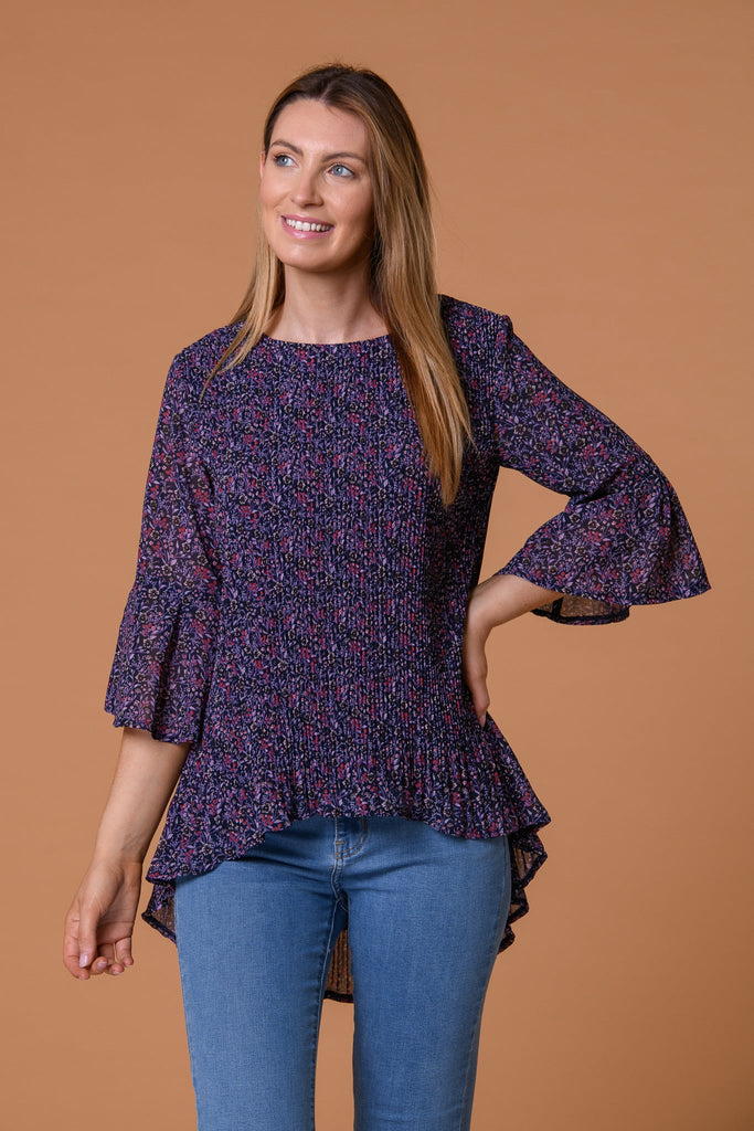 Fluted Sleeve & Hem Top-Tops-Paco