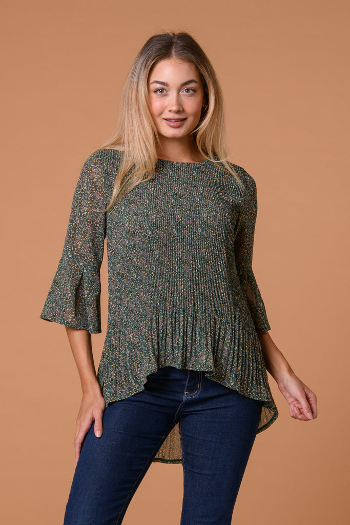 Fluted Sleeve Hem Top-Tops-Paco