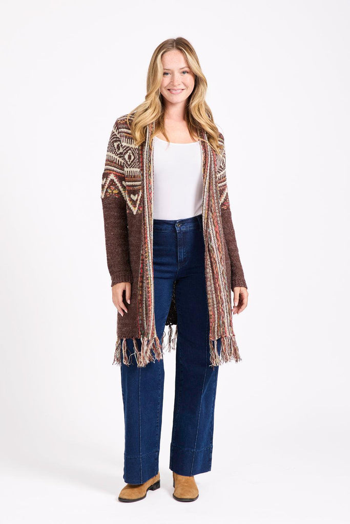 Fringe Hem Aztec Cardigan- Mocha-Cardigans-Paco