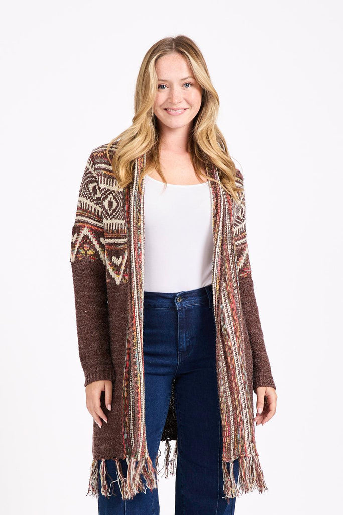 Fringe Hem Aztec Cardigan- Mocha-Cardigans-Paco