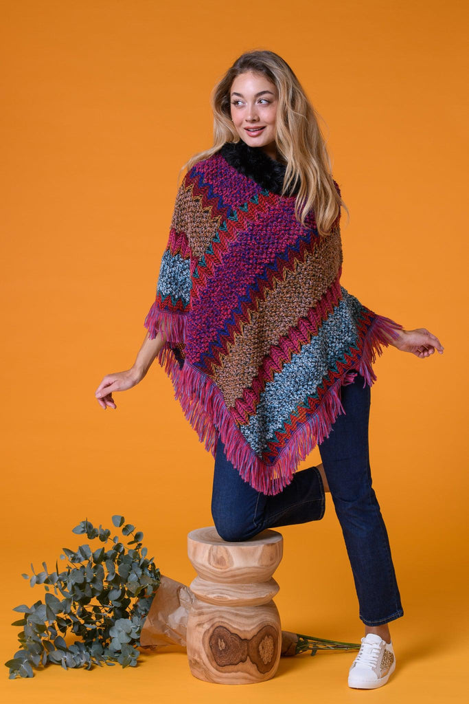 Fur Trim Poncho Purple-Knitwear-Paco