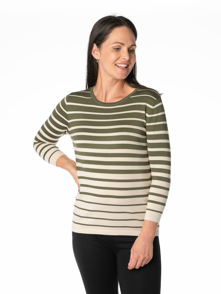 GRADED STRIPE JUMPER ROUND NECK 3/4 SLEE OLIVE STONE JU30263-N/A-Paco