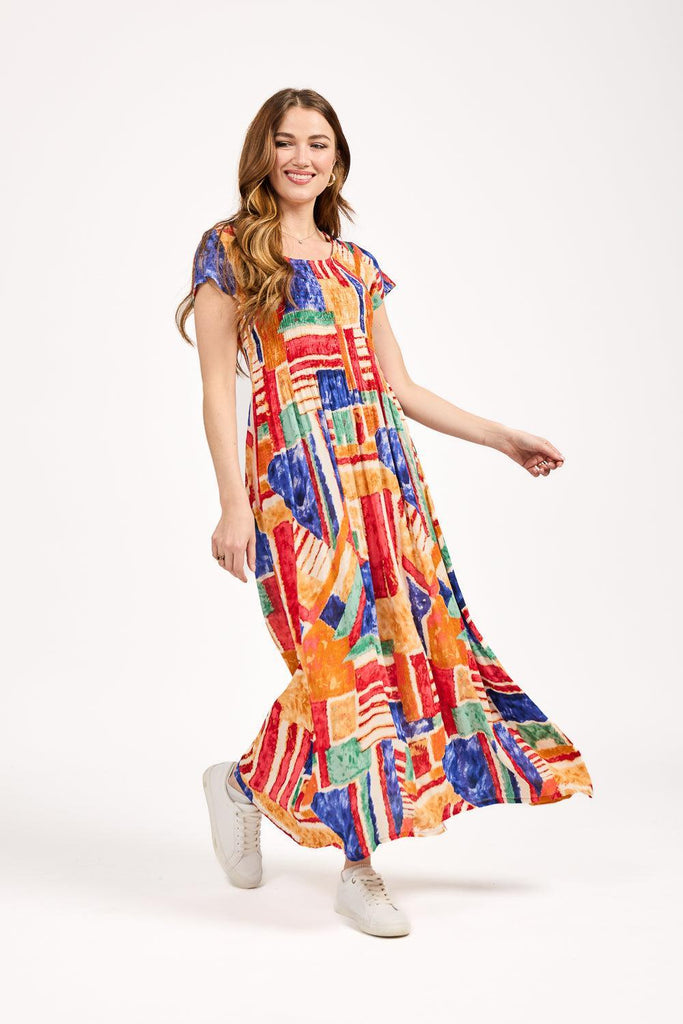 Geometric Print Shirred Bodice Dress - Blue-Dresses-Paco