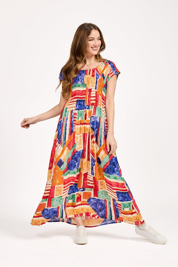 Geometric Print Shirred Bodice Dress - Blue-Dresses-Paco