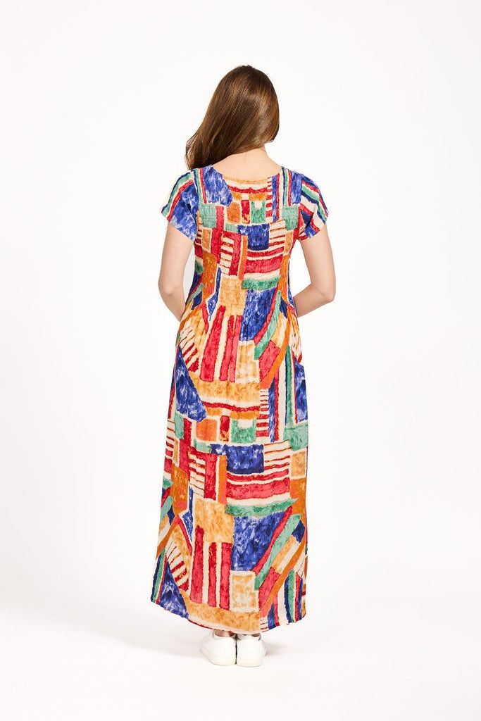Geometric Print Shirred Bodice Dress - Blue-Dresses-Paco