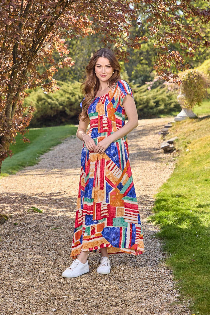 Geometric Print Shirred Bodice Dress - Blue-Dresses-Paco