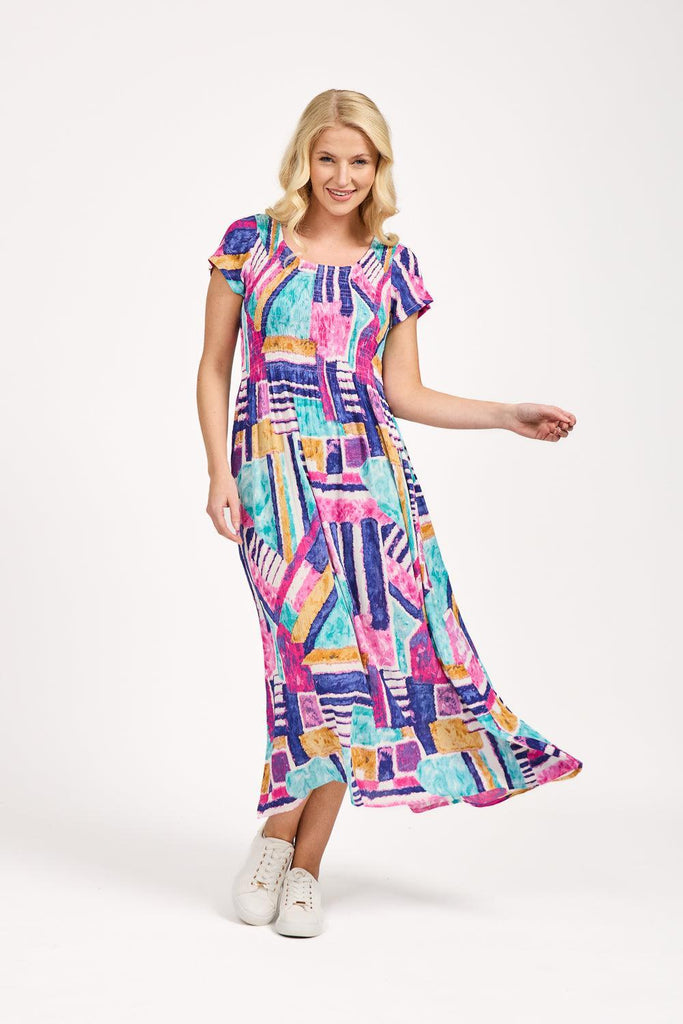 Geometric Print Shirred Bodice Dress - Pink-Dresses-Paco