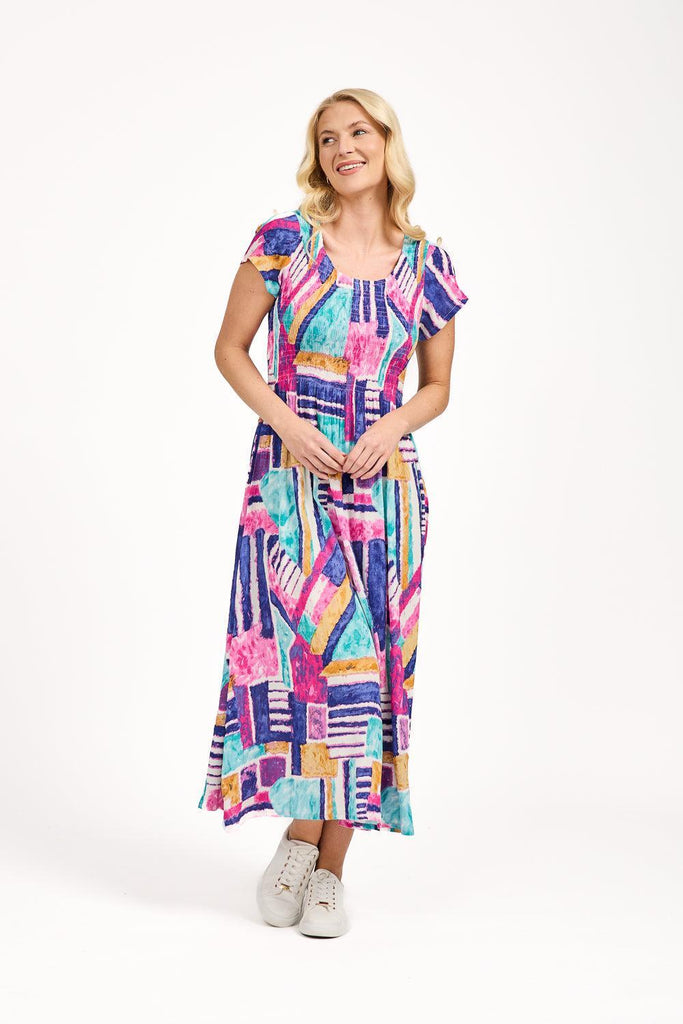 Geometric Print Shirred Bodice Dress - Pink-Dresses-Paco