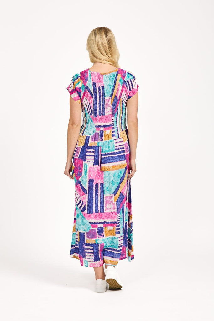 Geometric Print Shirred Bodice Dress - Pink-Dresses-Paco