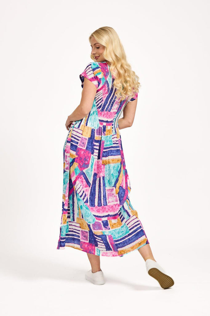 Geometric Print Shirred Bodice Dress - Pink-Dresses-Paco