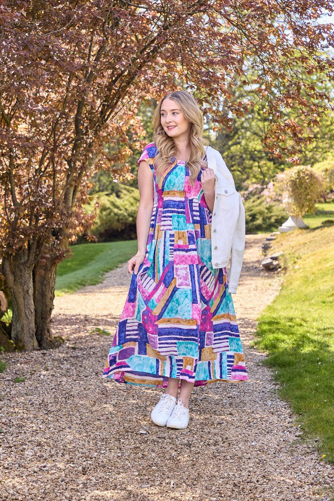 Geometric Print Shirred Bodice Dress - Pink-Dresses-Paco