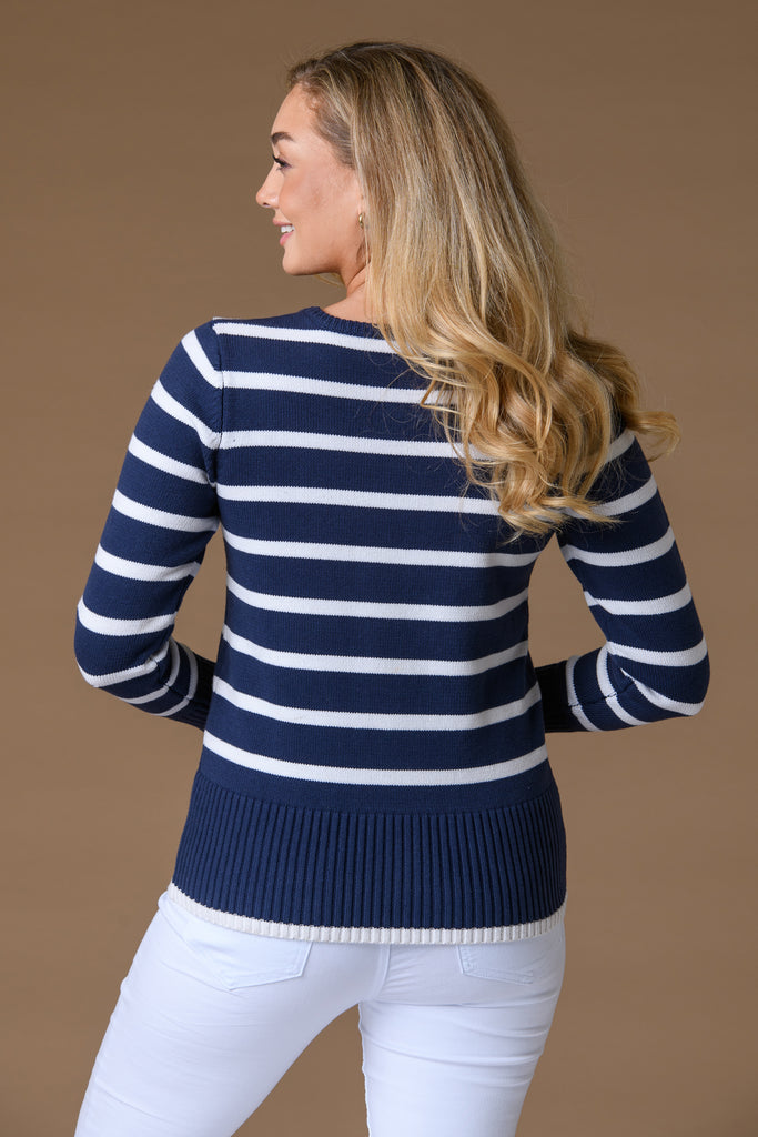 Gold Button Striped Sweater NAVY/WHITE-Knitwear-Paco