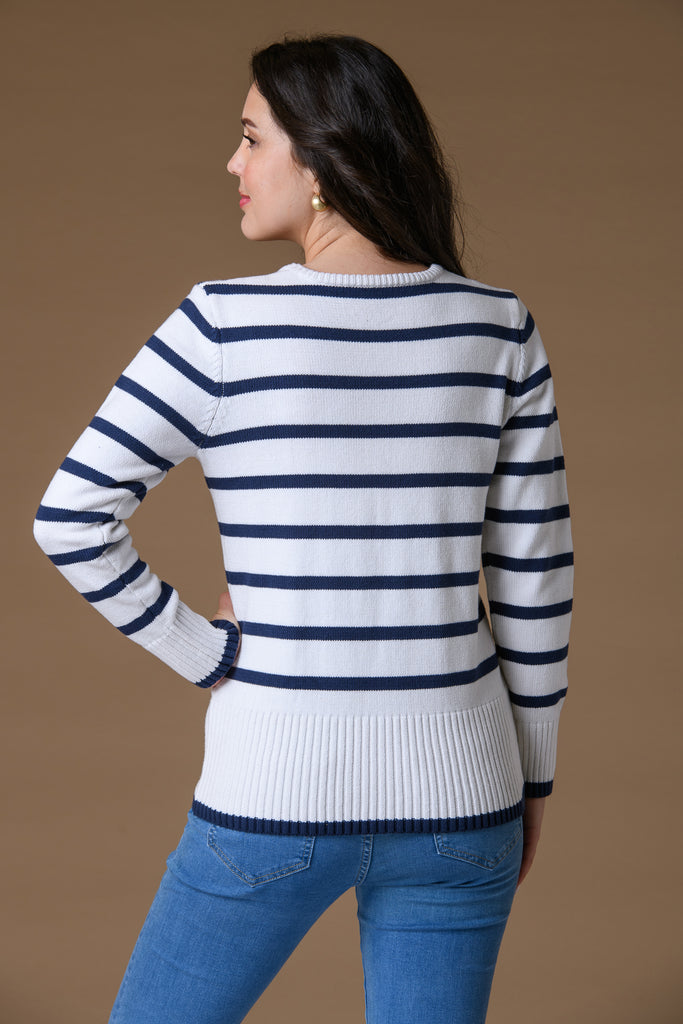 Gold Button Striped Sweater WHITE/NAVY-Knitwear-Paco