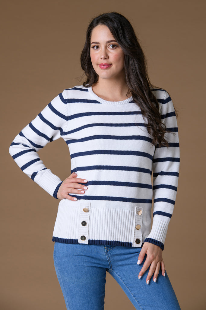 Gold Button Striped Sweater WHITE/NAVY-Knitwear-Paco