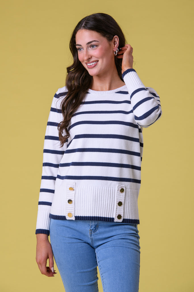 Gold Button Striped Sweater WHITE/NAVY-Knitwear-Paco