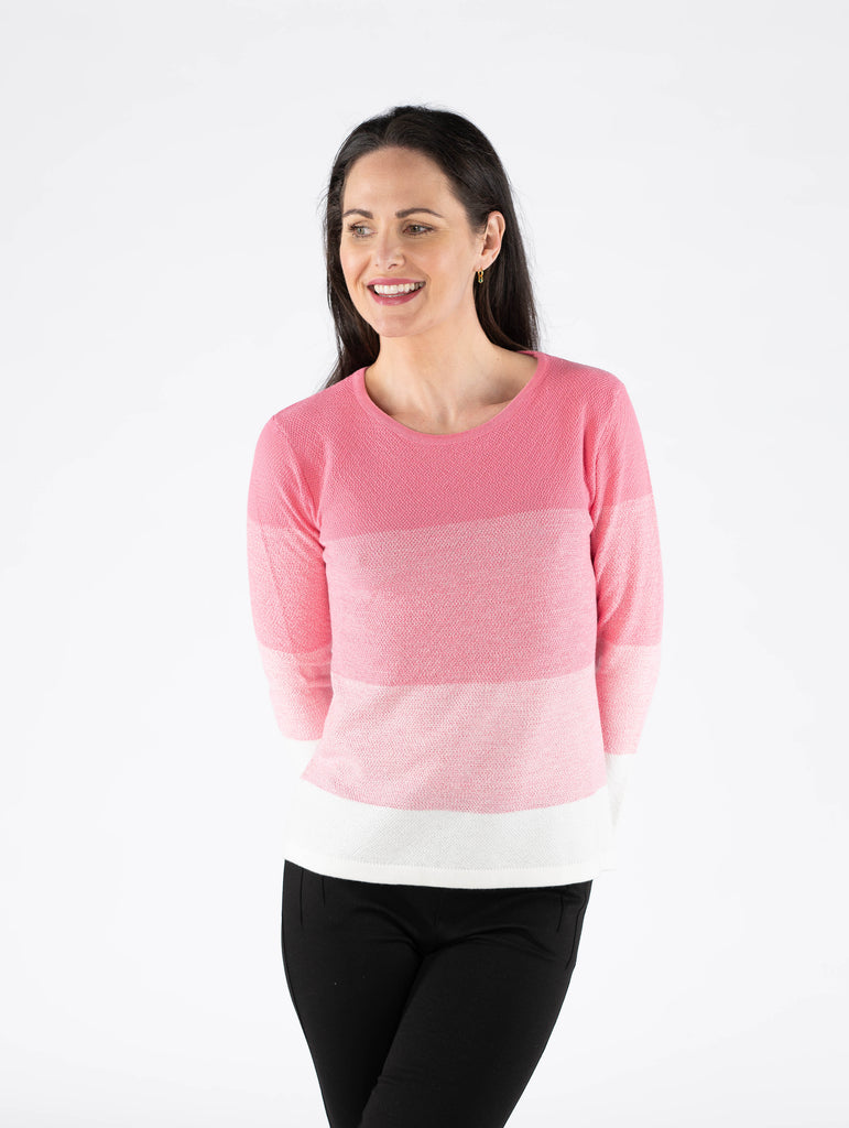 Gradient Stripe Jumper Round Neck 3/4 Sleeve - JU29761 - Pink-Knitwear-Paco