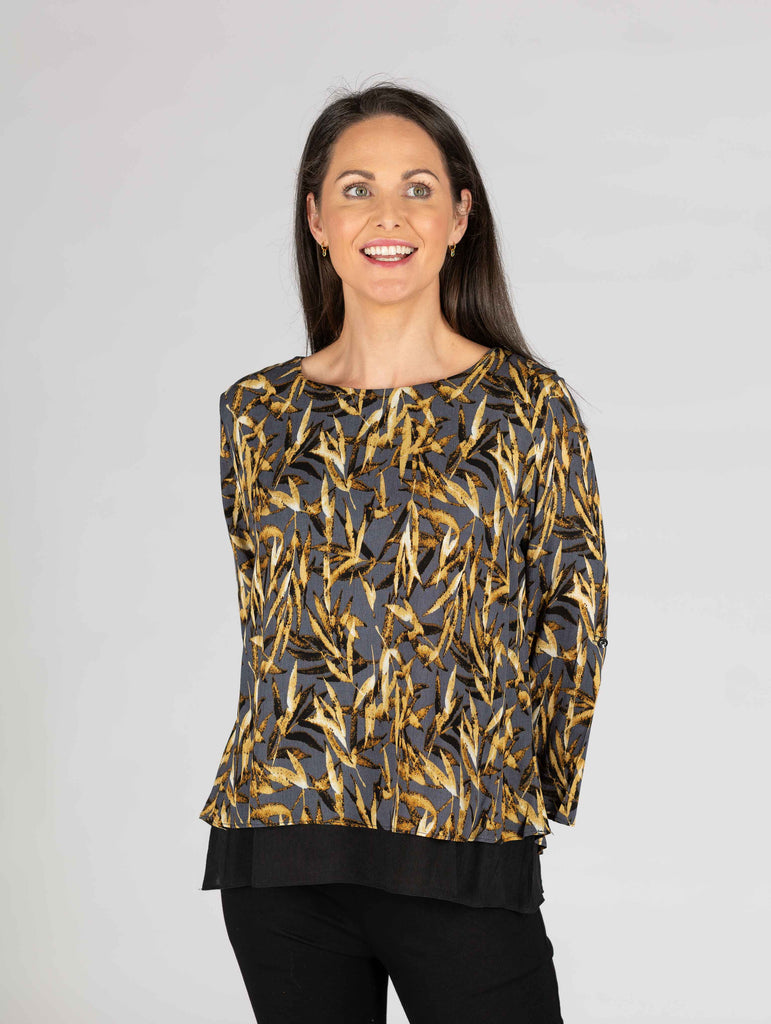 Grey Leaf print layered top-Tops-Paco