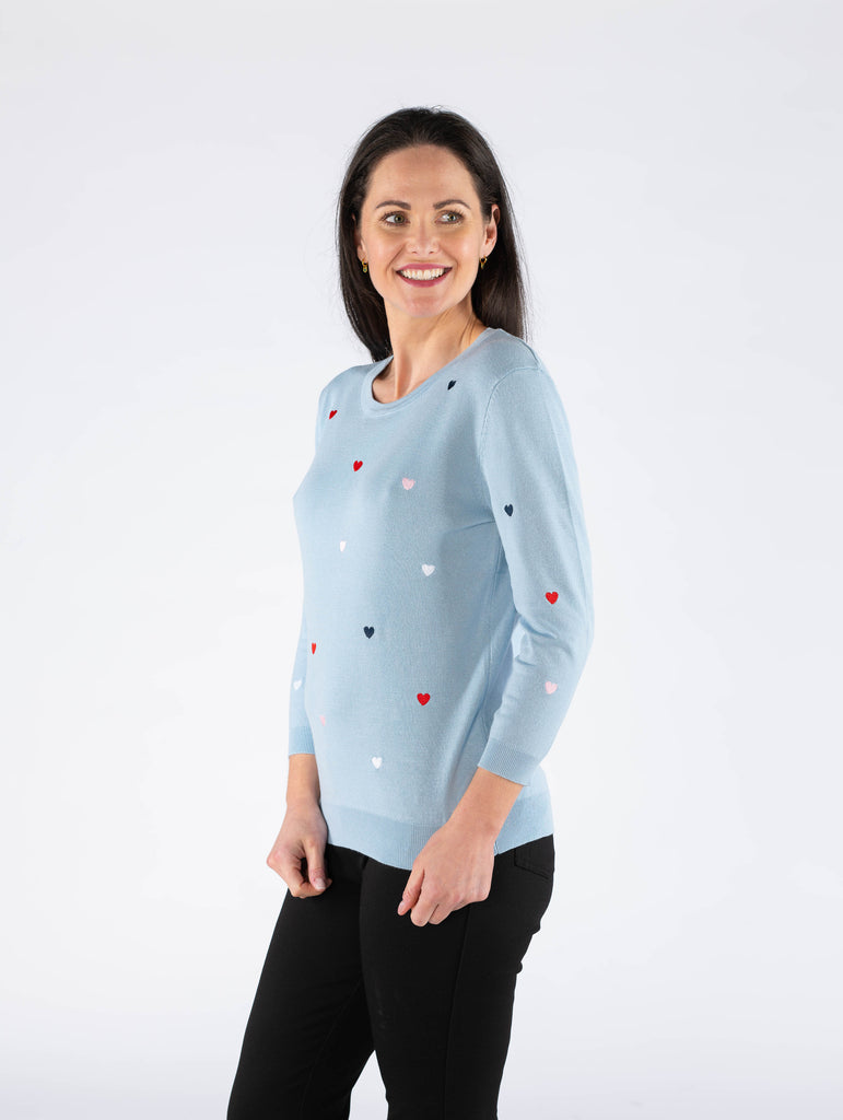 Heart Embroidery 3/4 Sleeve Jumper - JU29773 - Blue-Knitwear-Paco