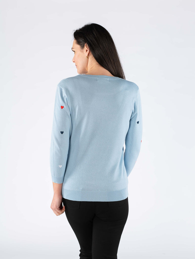 Heart Embroidery 3/4 Sleeve Jumper - JU29773 - Blue-Knitwear-Paco