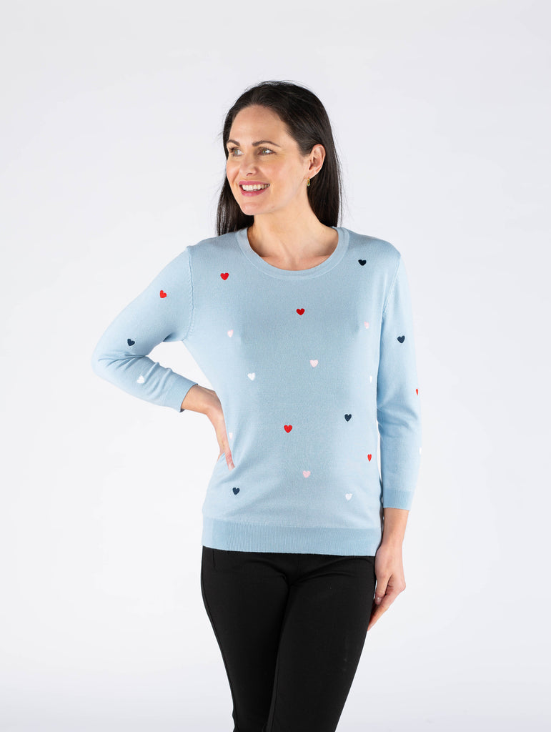 Heart Embroidery 3/4 Sleeve Jumper - JU29773 - Blue-Knitwear-Paco