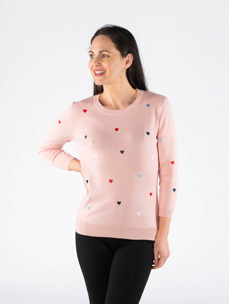 Heart Embroidery 3/4 Sleeve Jumper - JU29773 - Pink-Knitwear-Paco