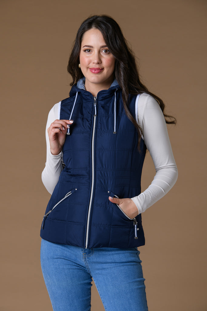 Hooded Stripe Lining Gilet - Navy-Gilets-Paco