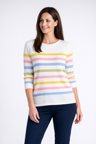 JU30497  MULTI STRIPE JUMPER ROUND NECK 3/4 SLEEV WHITE MULTI