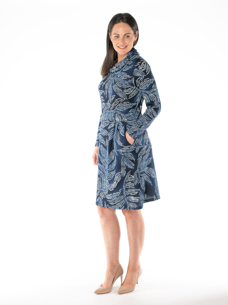 LEAF PRINT COWL NECK LONG SLEEVE DRESS NAVY PRINT D30360-N/A-Paco