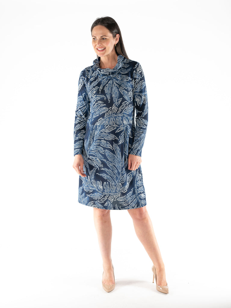 LEAF PRINT COWL NECK LONG SLEEVE DRESS NAVY PRINT D30360-N/A-Paco
