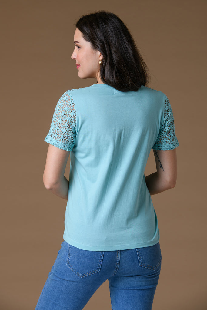 Lace Sleeve Notch Neck T Shirt - Aqua-T Shirts-Paco
