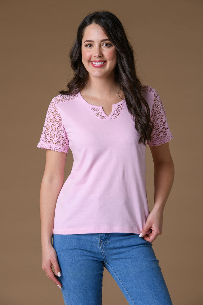 Lace Sleeve Notch Neck T Shirt - Lilac-T Shirts-Paco