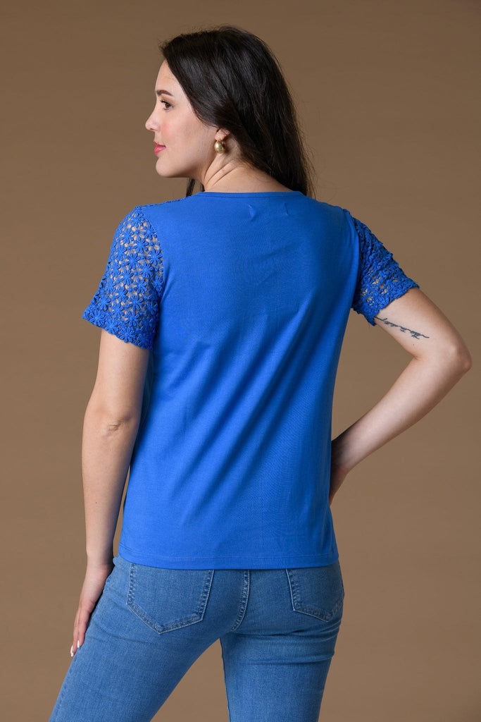 Lace Sleeve Notch Neck T Shirt - Palace Blue-T Shirts-Paco