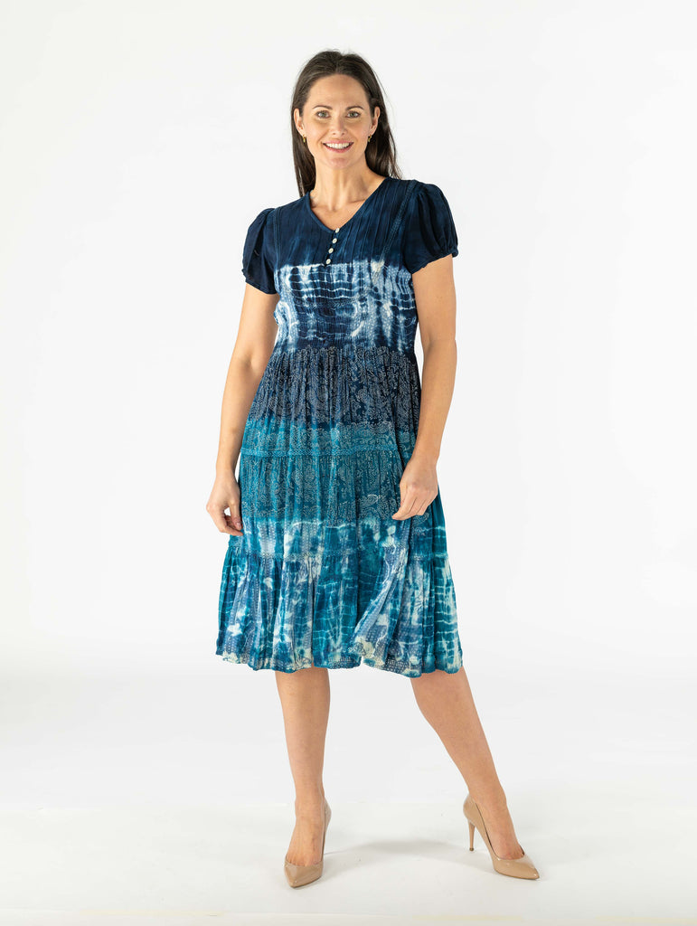 Lace Trim Tie Dye Tiered Dress - D28407 Teal-Dresses-Paco