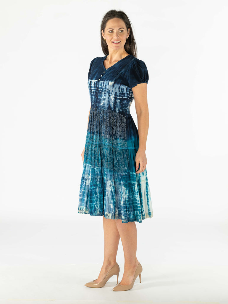Lace Trim Tie Dye Tiered Dress - D28407 Teal-Dresses-Paco