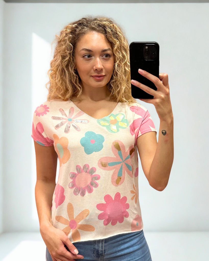 Large Flower Slub Top - Pink-Tops-Paco