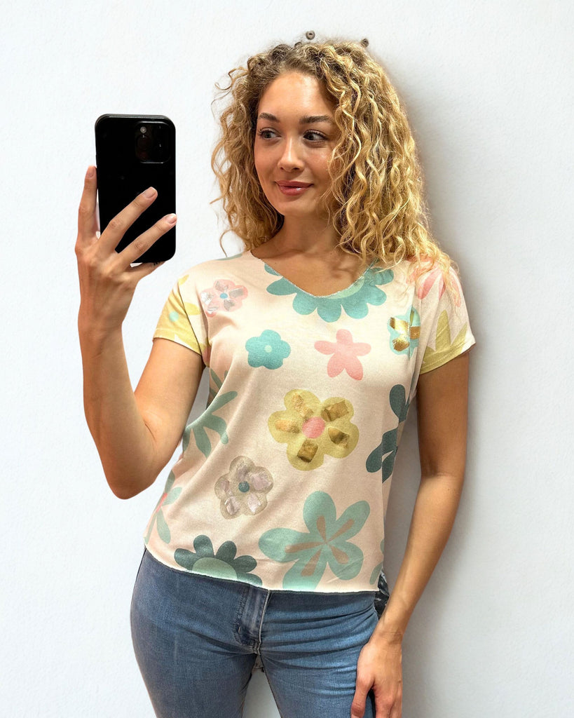 Large Flower Slub Top - Turq-Tops-Paco