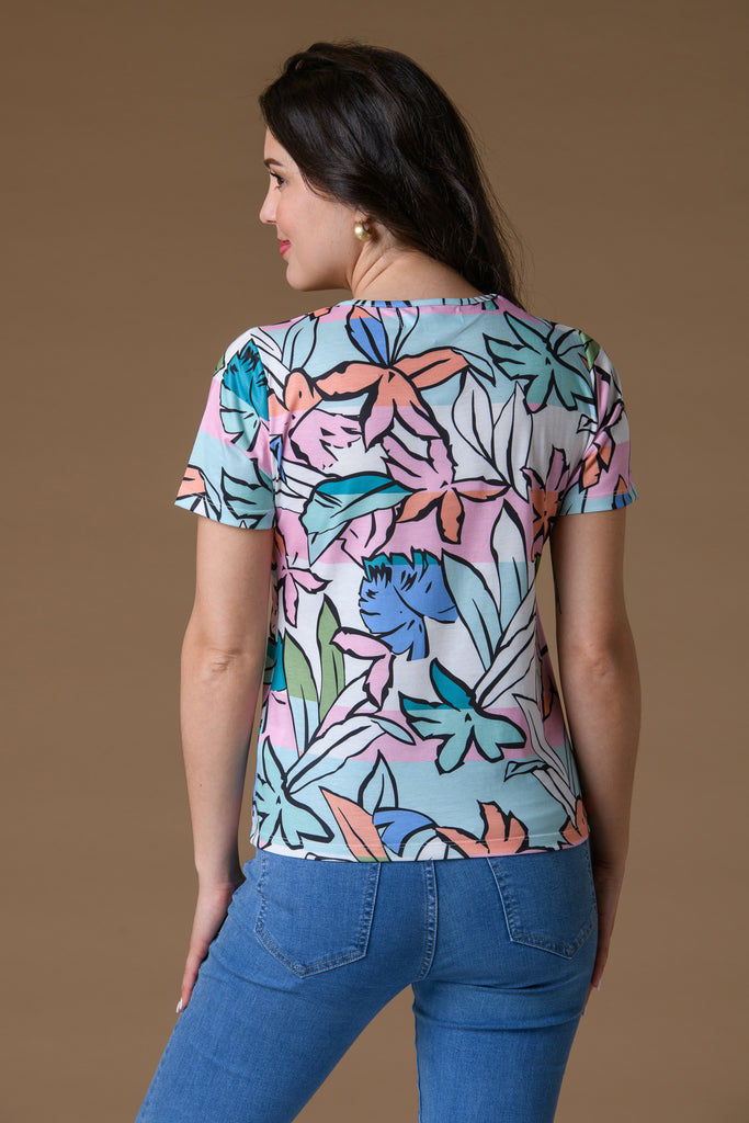 Large Flower Stripe V Neck - Blue-Basics-Paco