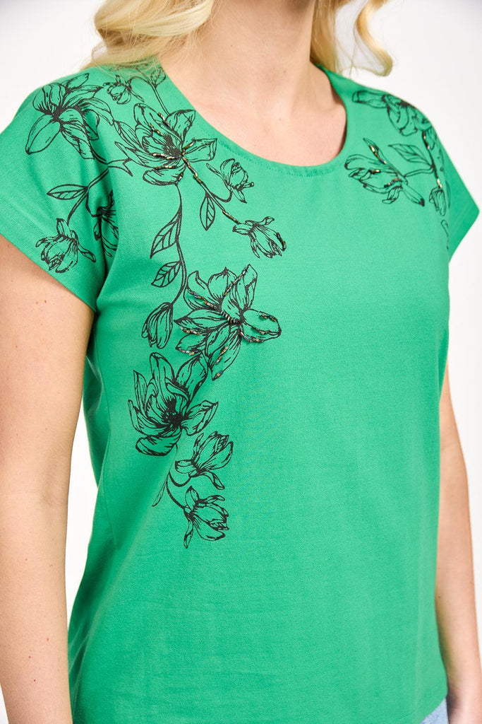 Leaf Embellished Print Top - Green-T Shirts-Paco