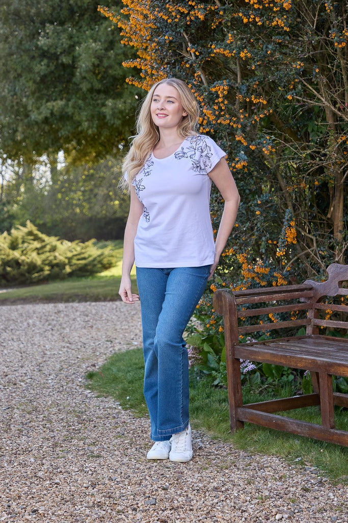 Leaf Embellished Print Top - White-T Shirts-Paco
