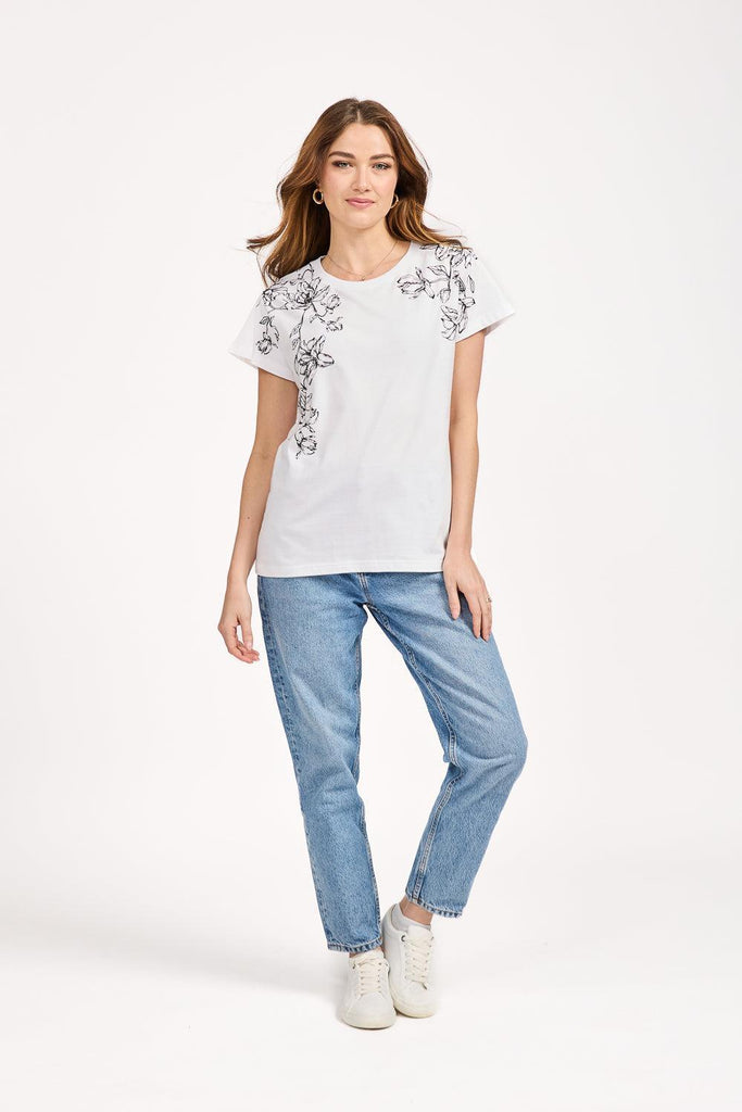 Leaf Embellished Print Top - White-T Shirts-Paco