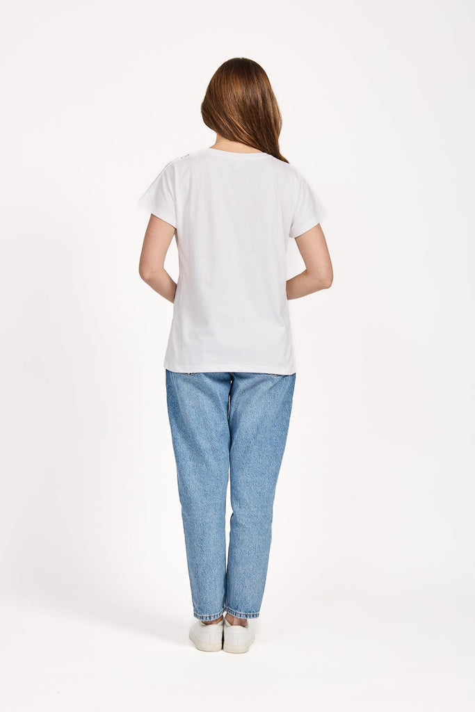 Leaf Embellished Print Top - White-T Shirts-Paco