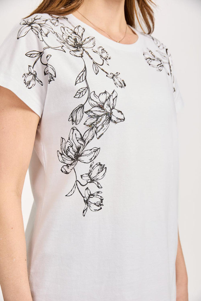 Leaf Embellished Print Top - White-T Shirts-Paco