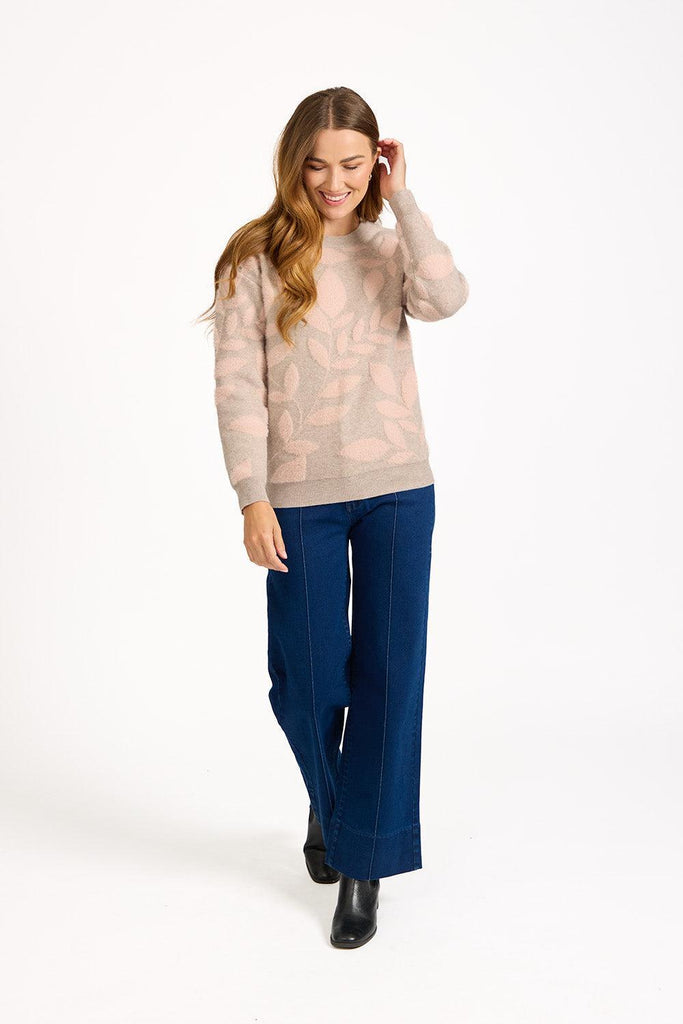 Leaf Print Fluffy Yarn Jumper Beige - SU-25MF-650-Knitwear-Paco