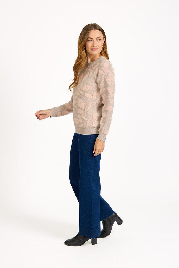 Leaf Print Fluffy Yarn Jumper Beige - SU-25MF-650-Knitwear-Paco