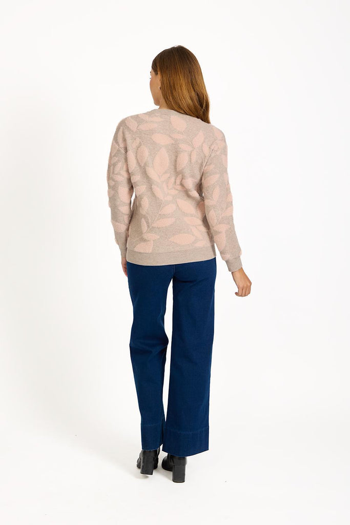 Leaf Print Fluffy Yarn Jumper Beige - SU-25MF-650-Knitwear-Paco