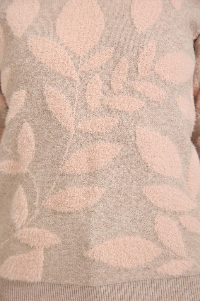 Leaf Print Fluffy Yarn Jumper Beige - SU-25MF-650-Knitwear-Paco