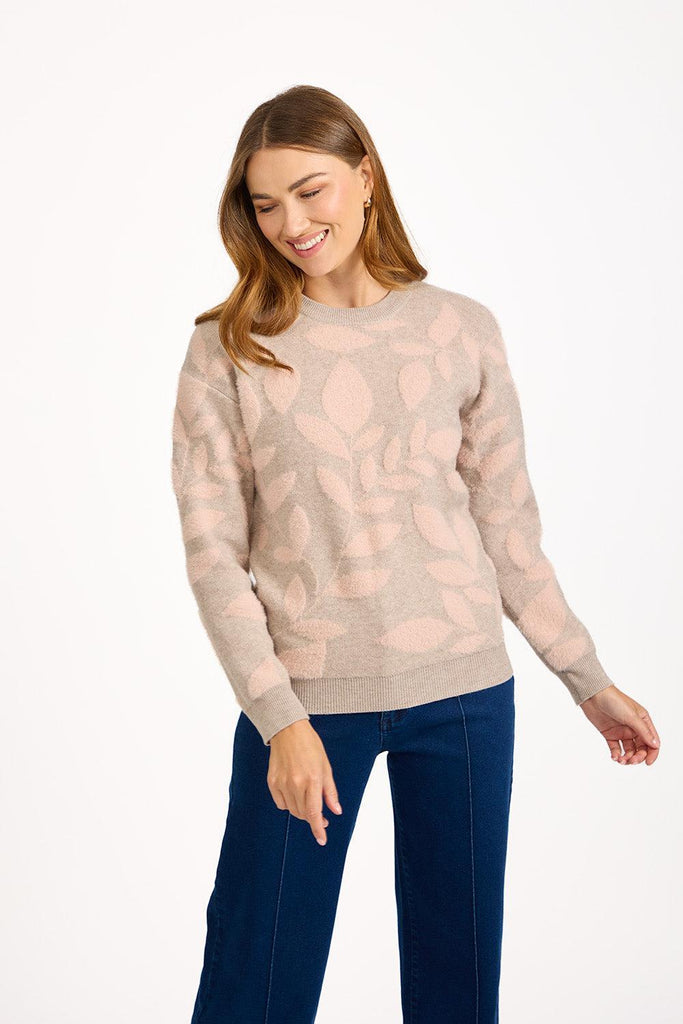 Leaf Print Fluffy Yarn Jumper Beige - SU-25MF-650-Knitwear-Paco
