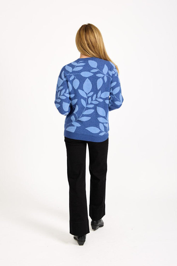 Leaf Print Fluffy Yarn Jumper - Denim SU-25MF-650-Knitwear-Paco